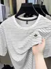 Camiseta Masculina de Manga Curta Listrada em Nylon Gelo de Verão 2026 Nova Gola Redonda Casual Versátil Solta Fresca