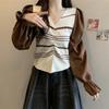 Camisa de Punto de Manga Abullonada a Rayas con Costuras de Dos Piezas Falsas para Mujer Otoño e Invierno Diseño de Nicho Estilo Occidental Top Corto Chic