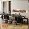 Mesa de Té y Sillas de Madera Maciza de Alta Gama Estilo Canción, Mesa de Té Negra Creativa con Tetera Integrada y Bandeja de Té