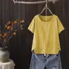 2024 Nueva Ropa de Verano para Mujer Camiseta de Algodón Lino Top para Mujer Manga Corta Holgado Media Manga Color Sólido Artístico Retro Estilo Étnico