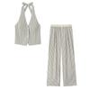 Conjunto Casual Sexy de Listras com Alças no Pescoço e Calça Reta de Cintura Alta para Mulheres