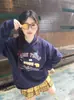 Sudadera Sencilla Estilo Coreano con Estampado de Letras Holgada Casual Versátil Top Azul Marino Estilo Perezoso Otoño e Invierno Sudadera con Capucha