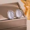 Brincos de Pedra Olho de Gato Oval Micro-Incustados com Agulha de Prata Elegantes Franceses Brincos de Luxo Simples Modernos Elegantes para Mulheres