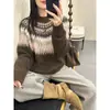 Suéter Jacquard Fair Isle Outono e Inverno para Mulheres, Tricô Color Block Gola Redonda, Peça Superior Macia Estilo Preguiçoso Quente e Aconchegante Vintage
