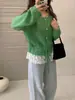 Suéter Pulôver de Renda Patchwork com Amarração na Cintura e Gola Redonda 2026 Primavera Novo Estilo Coreano Malha Doce Solta para Mulheres