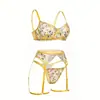 Amazon Transfronterizo Multicolor Pastoral Floral Hueco Ligero Transparente Sexy Conjunto de Lencería con Aros para Piernas, Conjunto de Cuatro Piezas