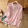 Stock de outlet de tiendas departamentales: Camiseta de manga corta de ramio para mujer con bordado elaborado y ribete de encaje, blusa fina de algodón y lino