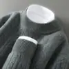 Suéter 100% Lã Pura Masculino Gola Alta Meia Grossa Jacquard Cor Sólida Suéter Casual de Negócios Camisa de Base Tricotada em Cashmere