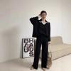 Conjunto de Malha Fashion Transfronteiriço para Mulheres, Conjunto de Duas Peças Casual de Cor Contrastante, Top Solto de Manga Longa, Calça Reta de Cintura Alta com Fenda e Perna Larga
