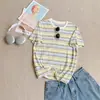Camiseta de manga corta a rayas de algodón de bambú con bloques de color brillantes y soleados para mujer, corte holgado, cuello redondo, top casual de algodón puro, nuevo para verano