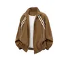 Chamarra bomber a rayas retro americana con cuello alto para hombre, alta calidad, elegante, corte holgado, deportiva, estilo para pareja, para otoño