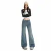 Foto real jeans feminino azul retrô de cintura alta e perna larga 2026 nova versão solta estreita para estudantes petite calças retas