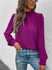 Camisa de Mujer Estilo Europeo y Americano para el Día a Día con Cuello Semi Alto, Diseño de Pliegues en el Pecho, Mangas Largas Abullonadas, Camisa Sencilla y Elegante