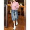 Shorts de mezclilla azules retro de talla grande con línea A para mujer, shorts de verano de cintura alta adelgazantes rectos de pierna ancha de largo medio para mujeres con curvas