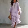 Elegante y estilizado vestido largo con volantes, vestido de estilo francés para mujer, con mangas tipo linterna, abalorios de alta gama, una silueta en A y cuello redondo, con corte holgado
