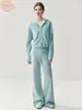 Traje de Cachemira Estilo Old Money de Punto Waffle para Mujer con Doble Cremallera Holgado Casual con Capucha Cárdigan Tejido Pantalones de Pierna Ancha Gruesos