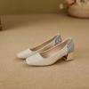 Zapatos Blanco Hueso con Pedrería, Tacones Gruesos, Punta Cuadrada, Corte Bajo, Esenciales para el Traslado Diario, Nuevo Estilo Versátil Mary Jane, Disponible para Dropshipping