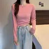 Camiseta Feminina de Algodão Puro Outono, Manga Longa, Ombro Normal, Corte Petite Curto, Camisa Básica Versátil Emagrecedora de Cintura Alta para Mulheres