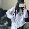 Camiseta base blanca estampada estilo ins Harajuku coreano, de longitud media, manga larga, corte holgado para mujer, moderna