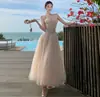 Vestido de Malla con Tirantes Estilo Francés y Cintura Ceñida, Vestido Largo de Princesa Súper de Hadas, Vestido Romántico Juvenil y Dulce con Volantes