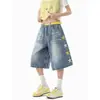 Calça Jeans Cropped Estampada Estrela Retro Americana Verão 2026 Fina Solta Lavada Shorts de Perna Larga