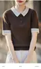 Camiseta de punto de manga corta con cuello polo de temperamento de color contrastante para mujer, nuevo estilo 2026, de manga media, capa base, fina, de punto fino, de lana