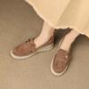 Mocassins de Palha com Salto Anabela Confortáveis Estilo Britânico com Franjas 2025 Salto Médio Solado Grosso Fivela de Cinto Couro Genuíno Bico Profundo para Mulheres