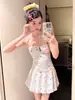 Lindo Traje de Banho Pastoral Floral Estilo Princesa Preguiçosa para Mulheres com Seios Pequenos, Franzido para Cobrir a Carne, Clareador, Puro Desejo, Doce Resort Fonte Termal