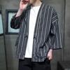 Primavera y Verano 2025 Nuevo Estilo Chino Cárdigan Retro de Moda de Algodón y Lino para Hombre Chaqueta Hanfu de Siete Mangas a Rayas para Hombre