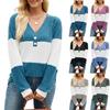 Europeo y Americano Transfronterizo para Mujer 2024 Amazon Otoño e Invierno Nuevo Manga Larga Cuello en V Color en Contraste Suelto Camiseta Chaqueta con Botones para Mujer