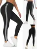 Pantalones de yoga de estilo europeo y americano con rayas laterales de cintura alta para mujer, leggings deportivos finos de primavera/verano para correr, adecuados para uso en exteriores, leggings ajustados de nueve puntos.