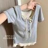 Camiseta de Renda de Manga Curta Duas Peças Falsas para Mulheres 2025 Verão Roupa Íntima Desejo Puro Look Emagrecedor Top Sexy High-End Ins
