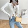 Temperamento Simples, Ajuste Slim, Suéter de Tricô com Zíper Duplo e Lapela Curta para Sexys, Tops da Moda Atacado