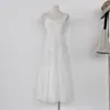 Vestido Retro Estilo Coreano Francês Simples com Babados, Slim Fit Versátil de Alcinha, Vestido de Comprimento Médio para Mulheres, Verão