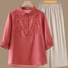 Shanli Dadi Moda Mãe Conjunto de Verão Nova Camiseta com Gola Reversível para Mulheres de Meia-Idade e Idosas Roupa de Verão com Estilo Ocidental e Chinês