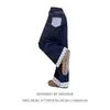 Pantalones de mezclilla oscura estilo retro americano talla grande para mujer, con diseño de patchwork a cuadros y lazo, cintura alta, efecto adelgazante, corte holgado y pierna ancha, estilo hasta el suelo