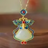 Colar de Prata S925 Artesanato Esmalte Frio Chide Nacional Incrustado com Jade Branco Corrente de Clavícula Estilo Chinês Vintage Borboleta Quadrado Feminino