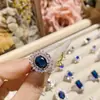 Anel de Pedra Preciosa Corindo Azul Design de Joias Haute Couture Camélia Anel Imitação de Diopsídio Natural de Luxo Francês