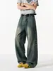 Jeans largo estilo americano para homens, calça longa casual reta solta da moda de outono, jeans lavado masculino