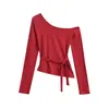T-shirt Sexy de Manga Longa com Ombro Único para Mulheres, Novo Estilo de Primavera, Amarração Elegante para Marcar a Cintura, Top Curto Slim
