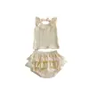 Conjunto de Top y Vestido de Verano Estilo Coreano 2025 sin Espalda y sin Mangas con Cuello de Volantes y Pantalones tipo Mameluco de Doble Capa para Niñas Princesas