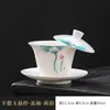 Porcelana de Jade Blanco Tazón Giratorio con Tapa Cerámica Individual Anti-quemaduras Juego de Té Tazón de Té Taza de Té