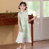 Vestido Colete Qipao Novo Estilo Chinês de Verão para Meninas, Vestido Fresco de Estilo Nacional para Crianças Maiores, Qipao Melhorado para Meninas Pequenas