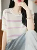 Camiseta de punto a rayas de color block de manga corta para mujer 2026, top de punto fino de seda helada de verano, ropa para mujer de talla grande