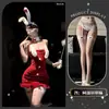 Conjunto de Lencería Sexy de Conejito Navideño con Falda Cubre-Cuerpo de Peluche, Atuendo de Chica Conejito Ajustado Dulce y Picante