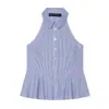 Camiseta sin mangas de cuello halter para mujer con cuello de solapa, de un solo botón, cintura ceñida, bajo con volantes, hombros descubiertos, top tipo tank elegante para ir al trabajo al por mayor