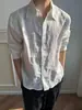 Camisa de lino azul claro para hombre, fina estilo otoño, relajada, sensación de alta gama, camisa de manga larga de seda helada, estilo old money, chaqueta protectora solar
