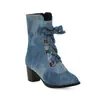 Botas Femininas de Comércio Exterior Jeans Inverno Novo Estilo Coreano Botas com Cadarço Sapatos de Salto Grosso Botas de Motocicleta Botas Curtas de Salto Alto