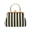 Bolsa de Ombro de Lona Listrada Retrô, Nova Bolsa de Mão Clip-On Fashion para Noite, Bolsa Transversal Elegante com Corrente para o Dia a Dia