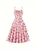 Vestido vintage de longitud media línea A con estampado floral, escote en V de satén, tirantes finos ajustables, detalle de lazo, ecológico y resistente a las arrugas